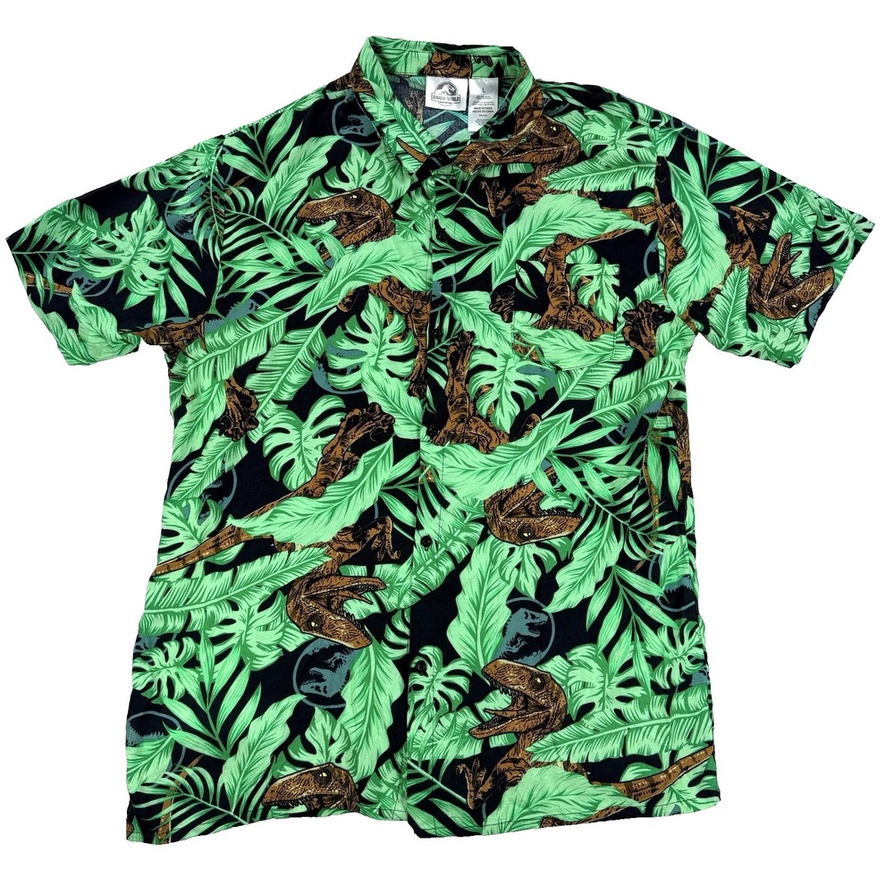 Mens Jurassic Park World Hawaiian Shirt Button Up Green Velociraptor Dinosaur L